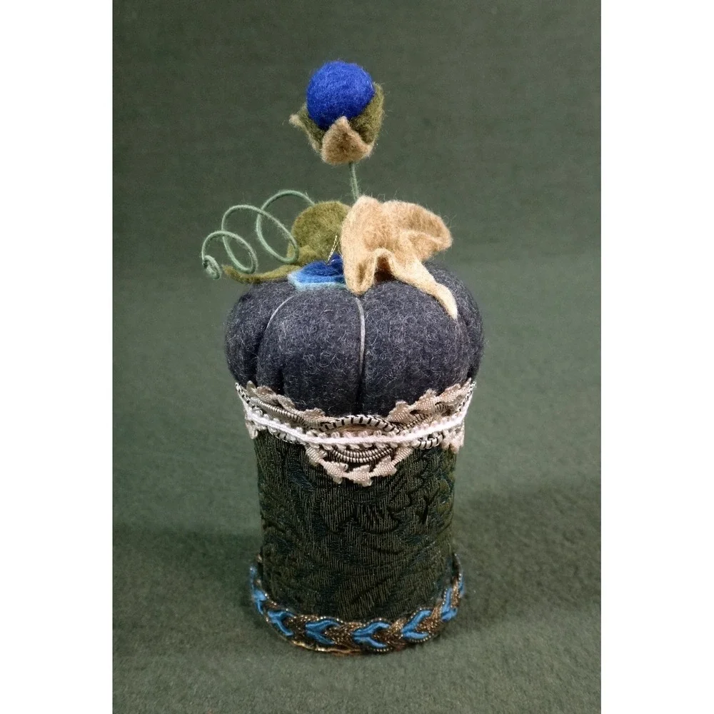 UNUSUAL felt tapestry fabric floral pin cushion HANDCRAFTED